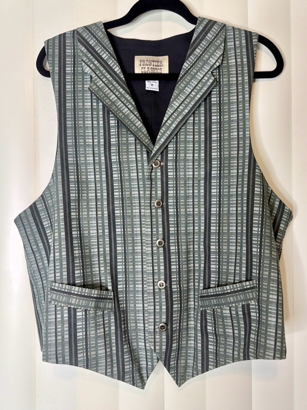 Frontier Classics Old West Bartender Vest Point Bottom Back Cinch Gray Plaid M